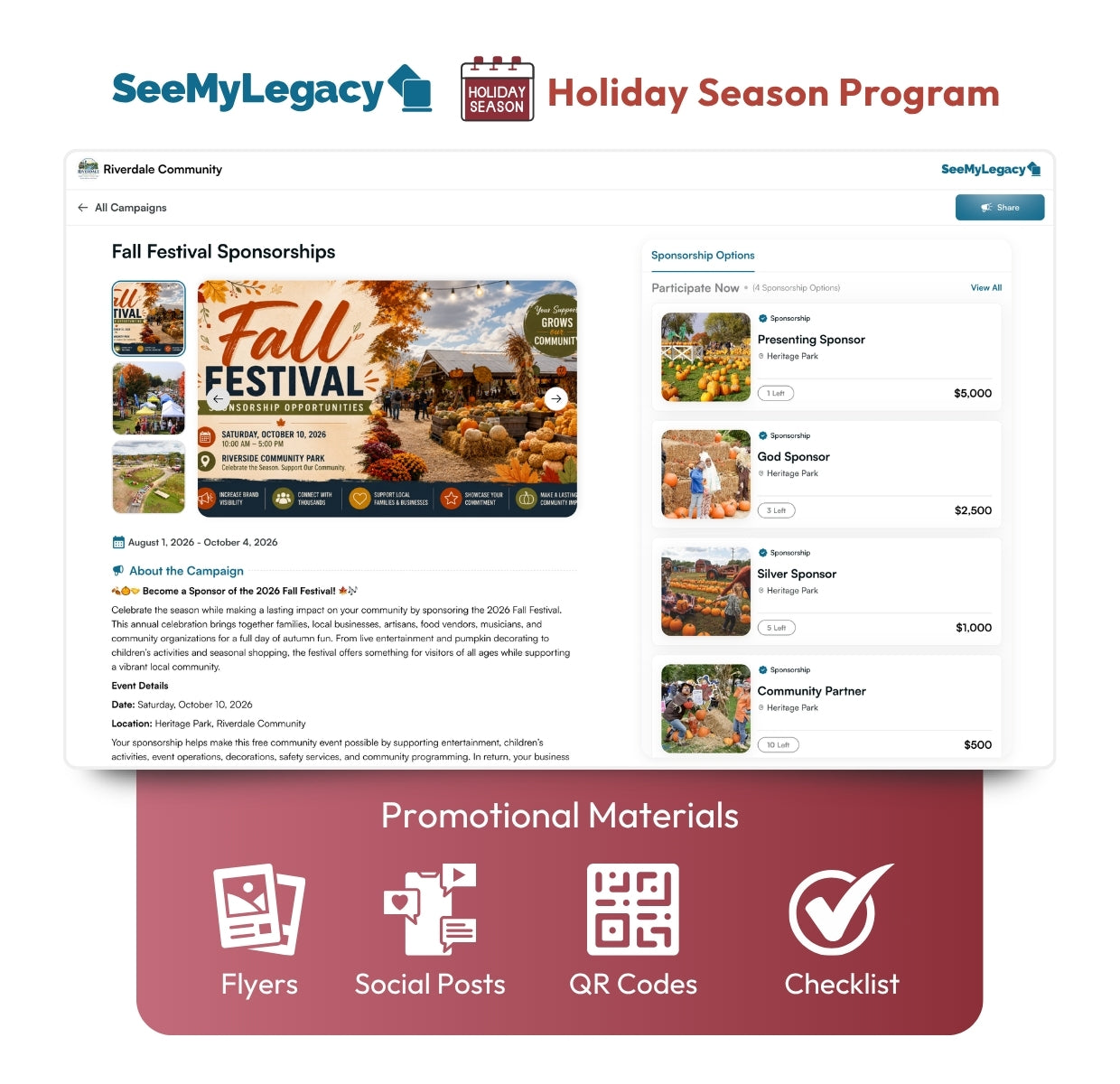 Desktop preview of SeeMyLegacy holiday community engagement program