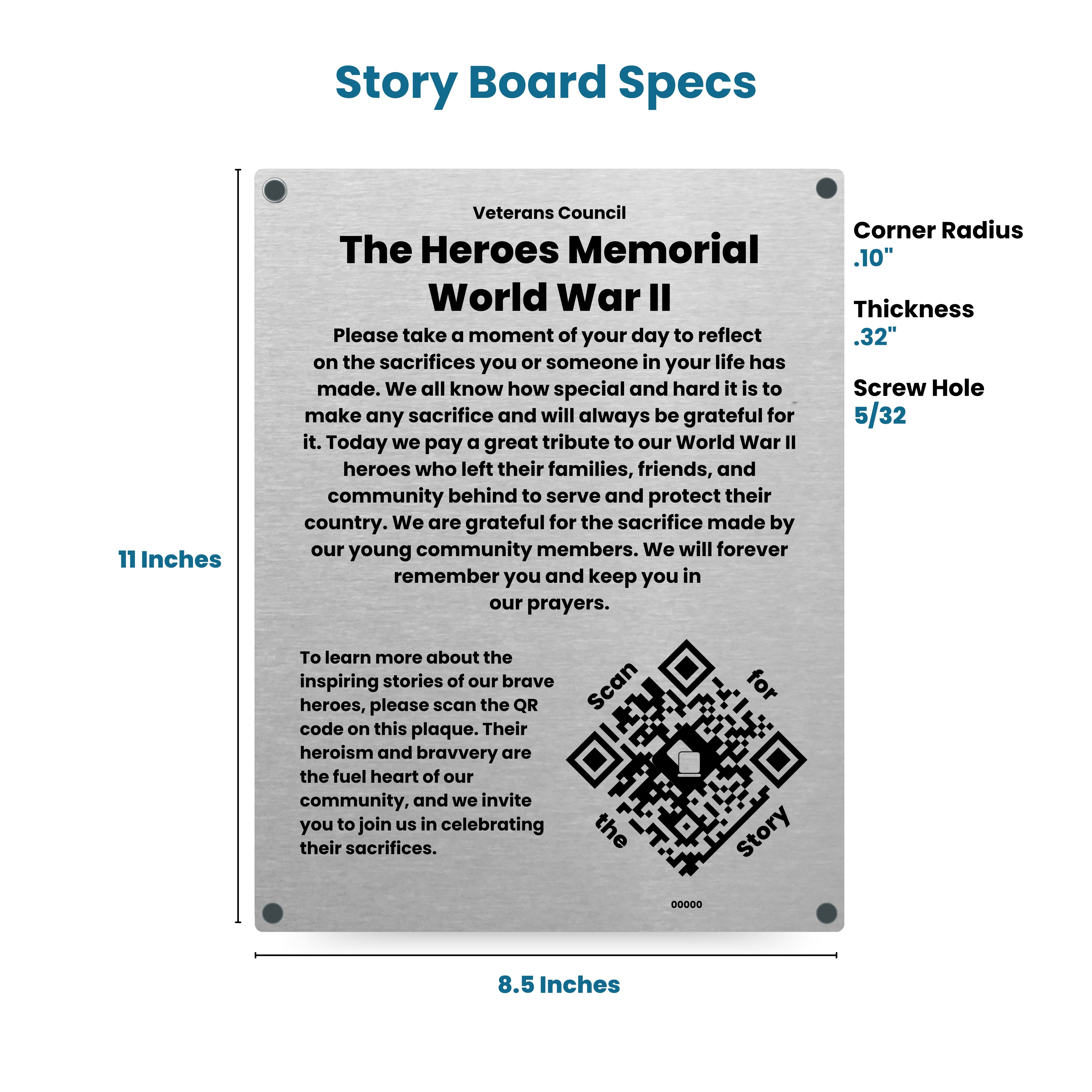 Technical drawing of a QR Plaque Story Board with dimensions and specifications.