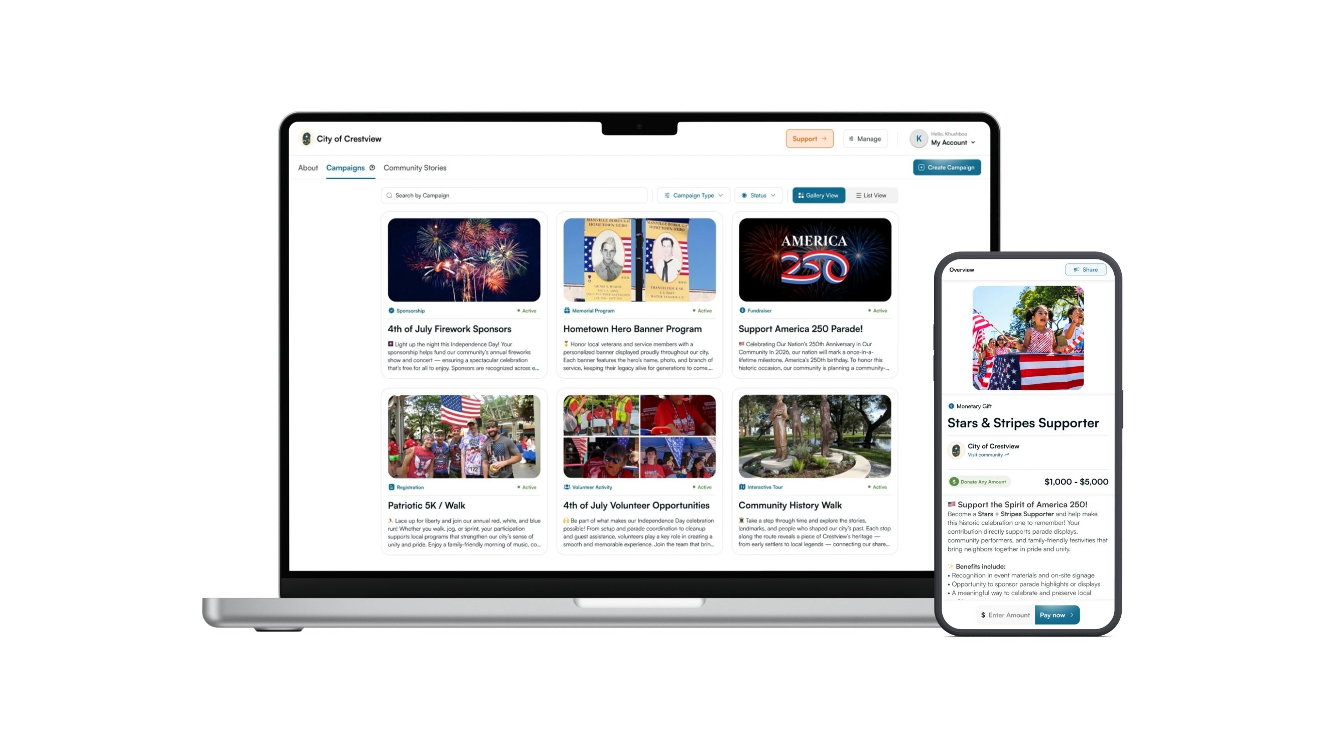 Laptop and smartphone displaying a website with 'America 250' campaign.