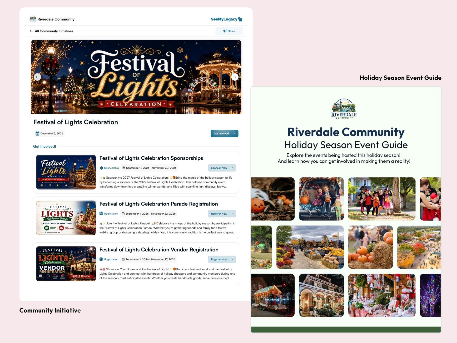 Holiday Community Initiative showing multiple community programs in one place and the Holiday Season Event Guide