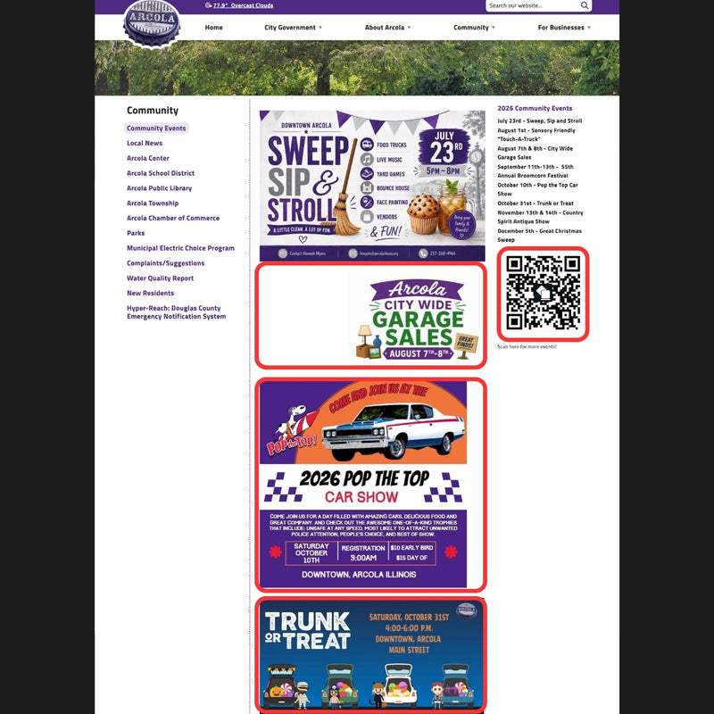 City of Arcola Website Community Page with Event Flyers and Links Plus Community Profile QR Code