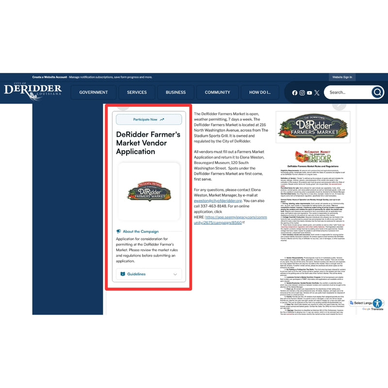 DeRidder Farmers Market Registration Embed on Farmers Market Official Webpage