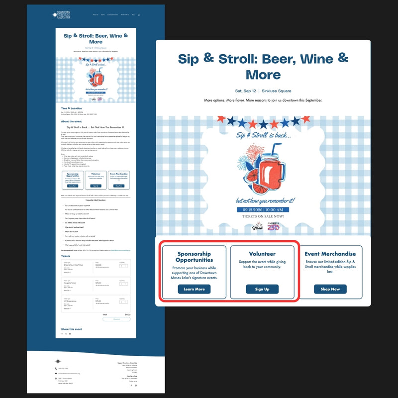 Downtown Moses Lake Association Sip and Stroll Event Web Page with Participation Links