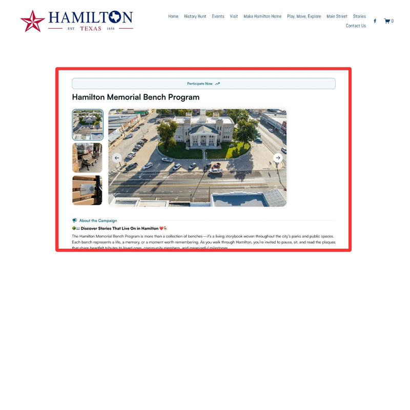 City of Hamilton Texas Memorial Bench Program Website Embed