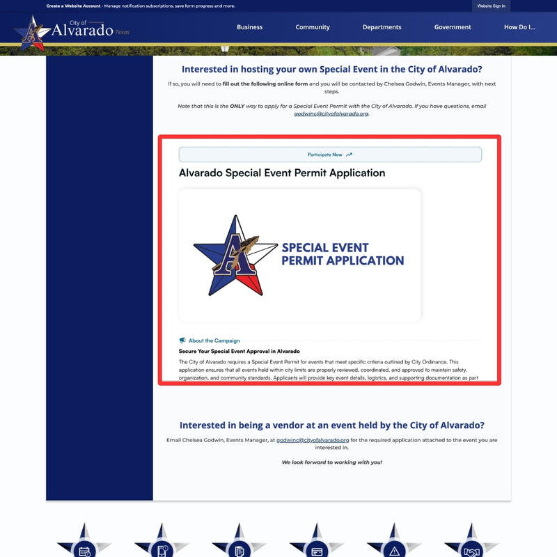 City of Alvarado Special Event Permit Application Website Embed
