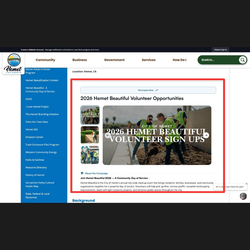 City of Hemet Beautiful Volunteer Opportunities Embed on Website