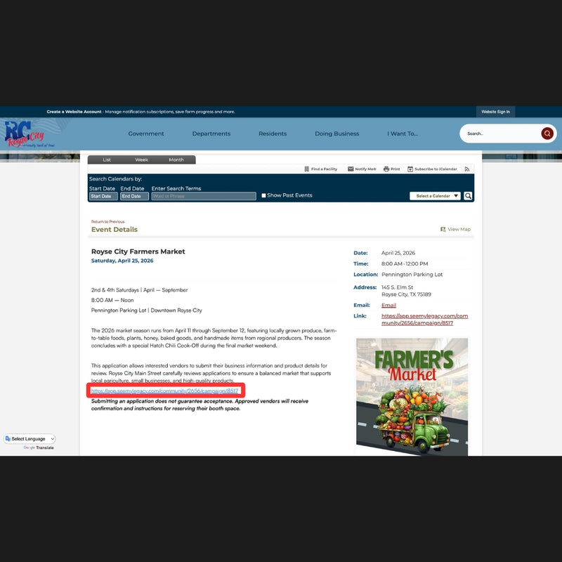 Farmers Market Website Event Calendar with Link to Vendor Application
