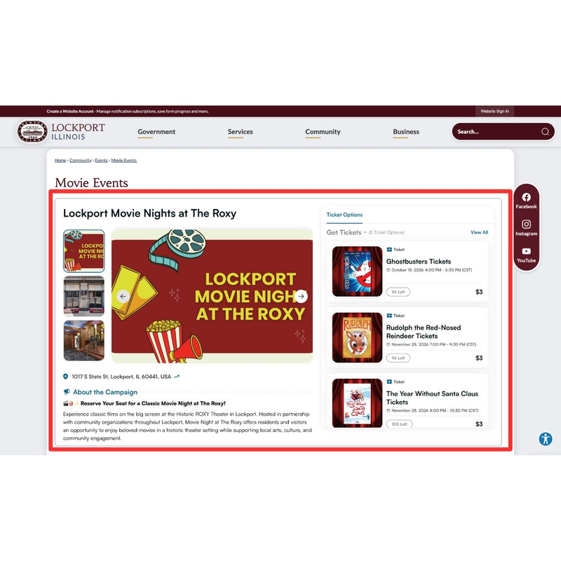 Lockport Movie Nights at The Roxy Ticketing Campaign Embed on Website