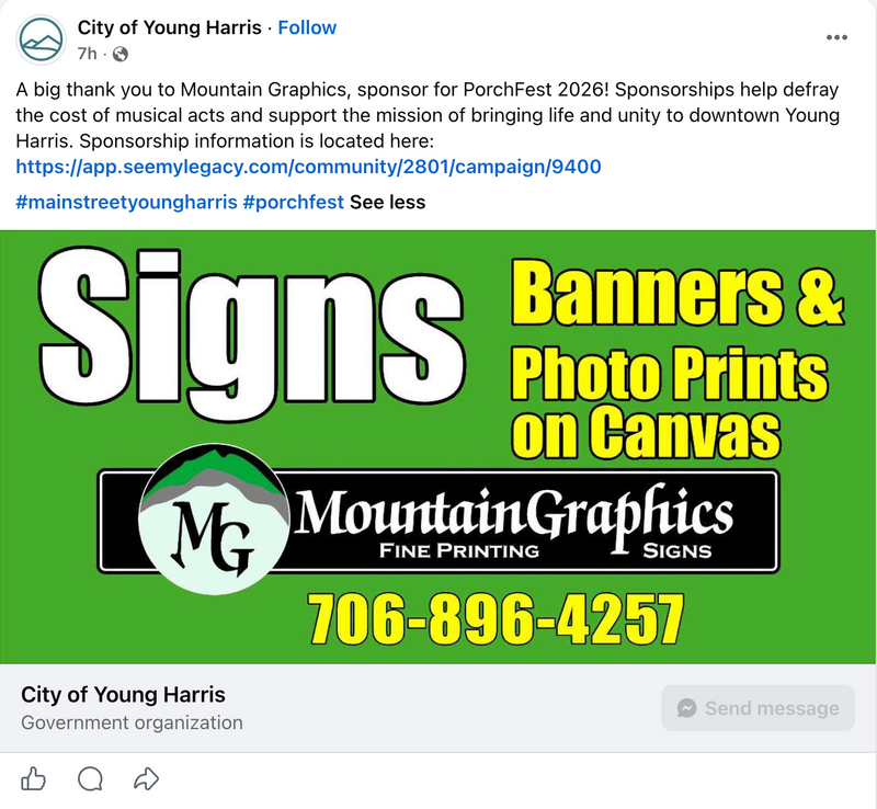 Main Street Young Harris - PorchFest 2026 Sponsor Recognition Post