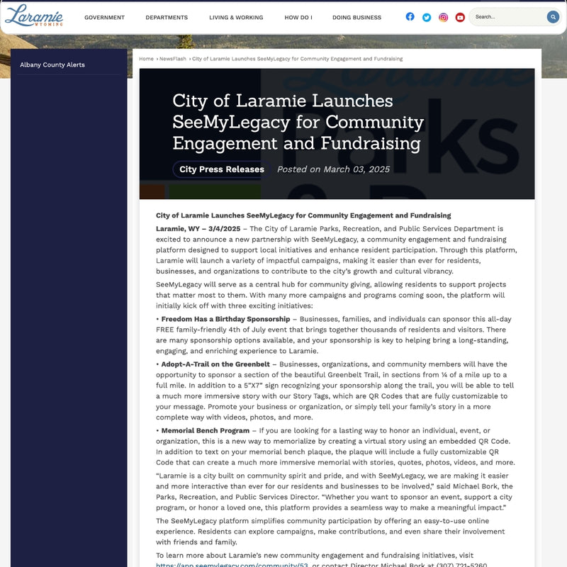 CIty of Laramie Article on Partering with SeeMyLegacy