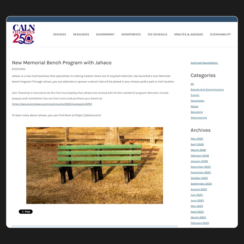 Jahaco Memorial Bench Program Announcement