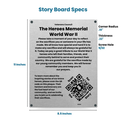 Technical drawing of a QR Plaque Story Board with dimensions and specifications.