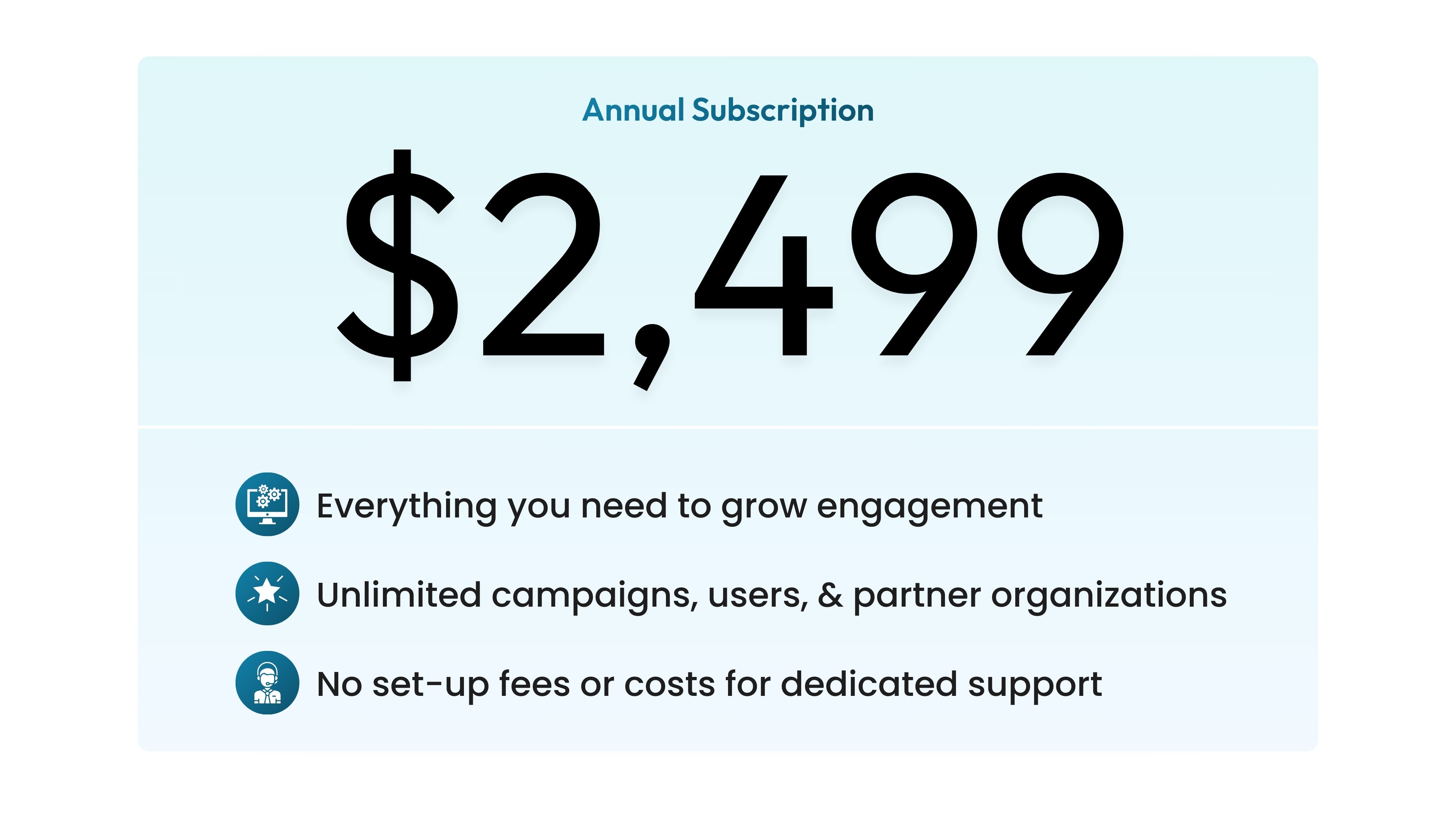 Annual Subscription, with everything you need to grow engagement, unlimited campaigns, users, and partners, plus no set up fees or costs for dedicated support.