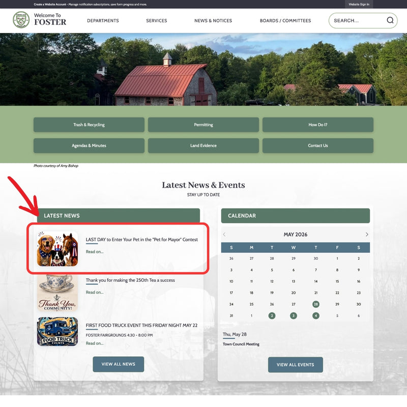 Town of Foster Pet Mayor Registration in Website News Feed