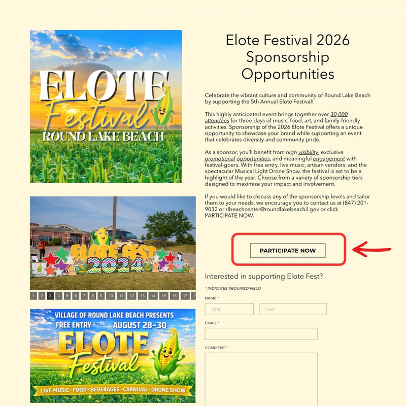 Round Lake Beach Elote Fest Sponsorship Opportunities Landing page